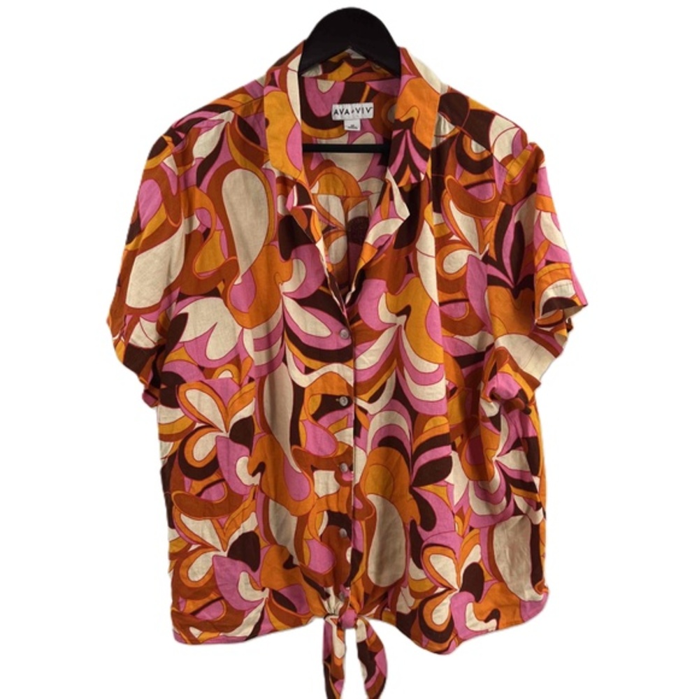 Ava + Viv Pink Red Floral Linen Cotton Blend Tie Front 70s‎ Retro Blouse 2X